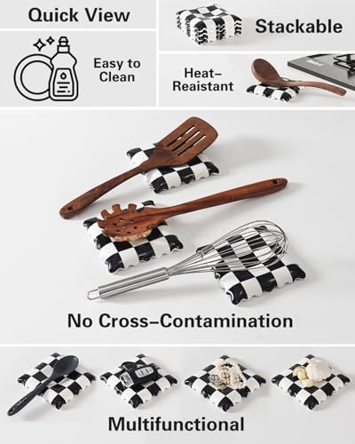 Ceramic Spoon Rest - Unique Checkered Spoon Holder Multipurpose for