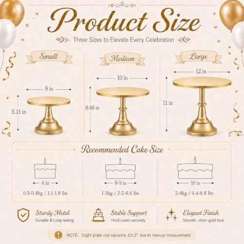 HBlife 3 PCS Gold Cake Stand Set (8"/10"/12" Cake Plate), Metal
