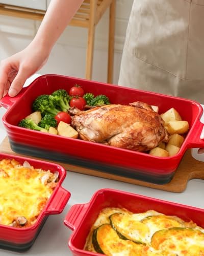 Ceramic Casserole Dish Set with Handles, Set of 4, Red