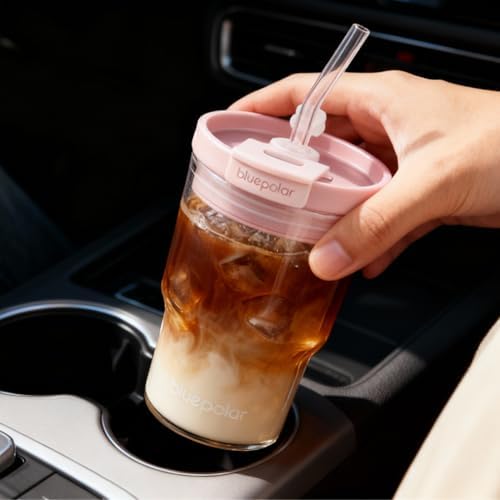 BLUEPOLAR Iced Coffee Glasses with Lids and Straws,Car Cup Holder