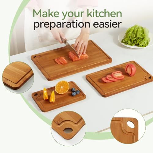Bamboo Cutting Board Set for Kitchen, 3 Piece Reversible Chopping