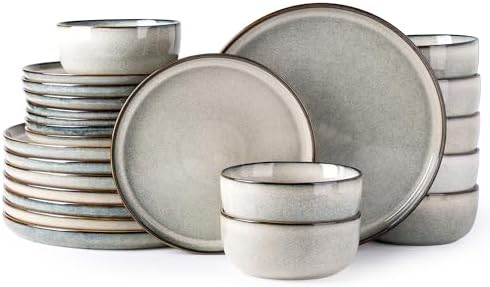 GBHOME Ceramic Dinnerware Sets for 8, 24 Pieces Stoneware Plates and Bowls Sets, Scratch Resistant Dishes, Dishwasher & Microwave Safe, Reactive Glaze-Green Wheat
