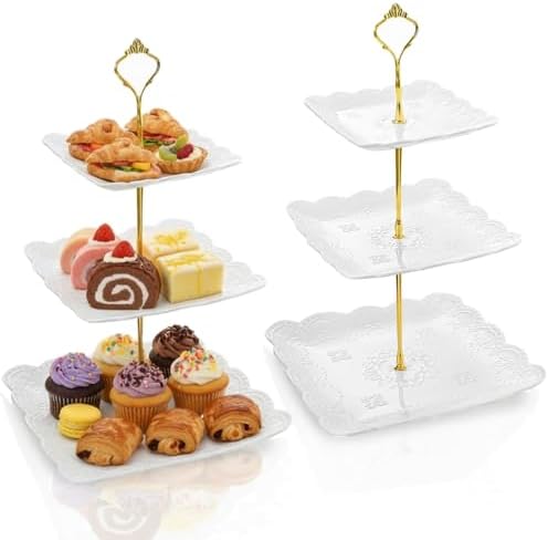 Tebery 2 Pack 3-Tier White Ceramic Embossed Dessert Cake Tower Stand
