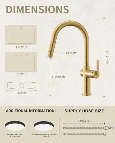 Tohlar Gold Kitchen Faucet with Pull-Down Sprayer