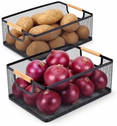 Potato and Onion Storage Baskets with Wood Handles, 2-Set Metal Mesh