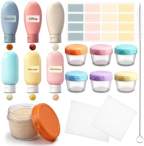 12 Pack 2 oz Salad Dressing Container Set, 6 Silicone Small Condiment