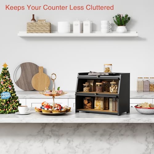 Goozii Large Bread Box for Kitchen Countertop, Black Bread Storage Container for Homemade Bread, Double Layer Farmhouse Breadbox Organizer for Kitchen Counter Cabinet, Pantry, Cupboard (Black)