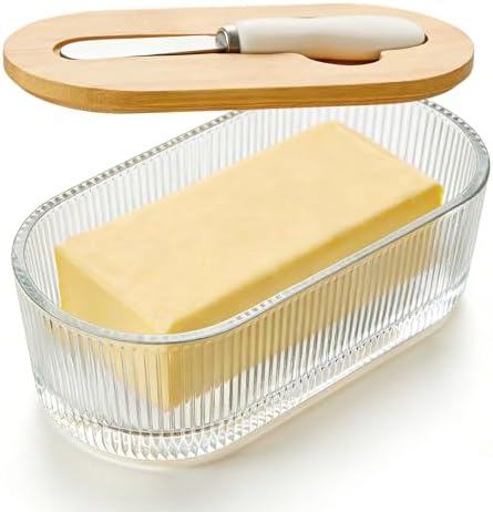 Glass Butter Dish With Lid For Countertop, Ribbed Glass Butter Dish