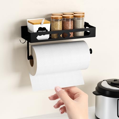 Wall Mount Paper Towel Holder with Shelf, Black