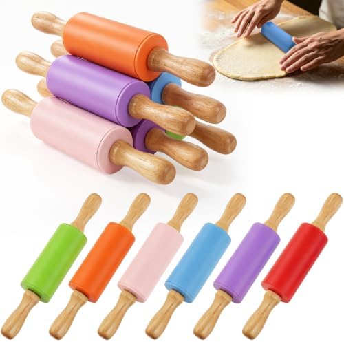12 Pack 9 Inch Mini Silicone Rolling Pin for Kids Wooden Handle