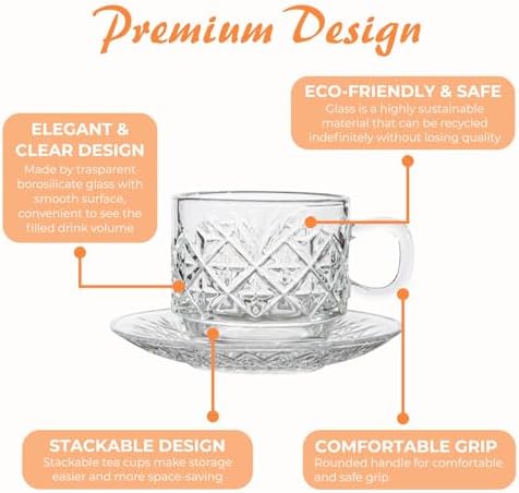 Atarvana 6 Pack Glass Tea Cups and Saucers Set with Spoons, Glazeal