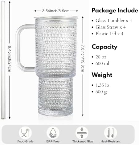 20 oz Glass Tumbler with Lid and Straw, Glass Iced Coffee Cups