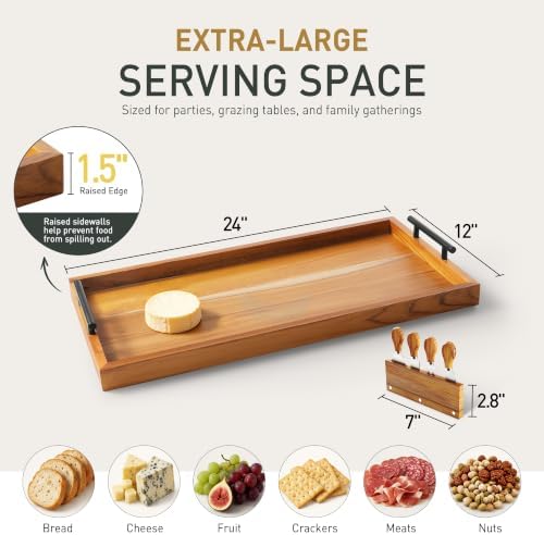 Socisen Teak 24 in Large Charcuterie Board with 4-Piece Cheese Knife Set
