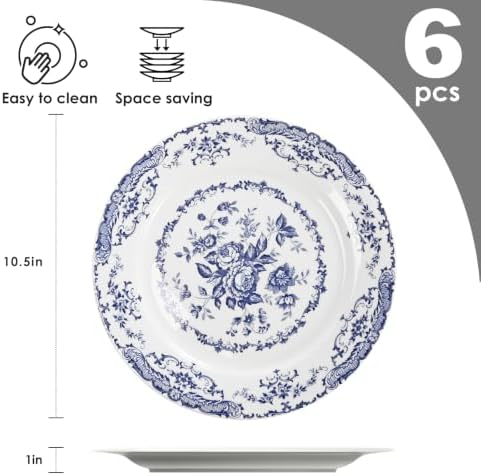Dinner Plates Set of 6, 10.5 inch Blue Rose Floral Plate