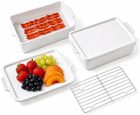Ceramic Casserole Dish with Lid & Rack,2 Pack 7x10 inch Baking Dish