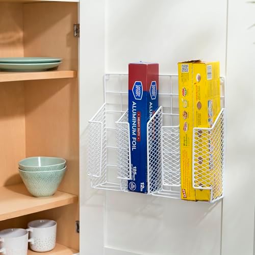 Home Basics Organizer Rust Resistant, Perfect for Food Storage, Silver Foil, Wax Paper, Sandwich Bags, Plastic Wrap-Mounts,White
