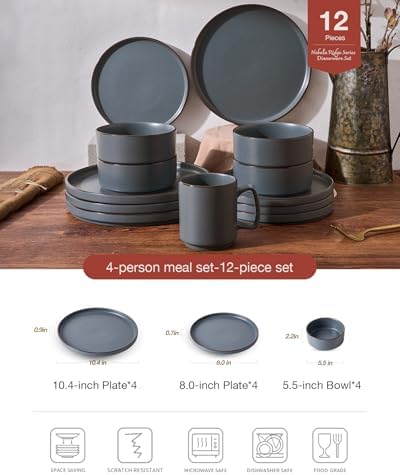 Famiware Nebula Ridge 12-Piece Stoneware Dinnerware Set, Charcoal