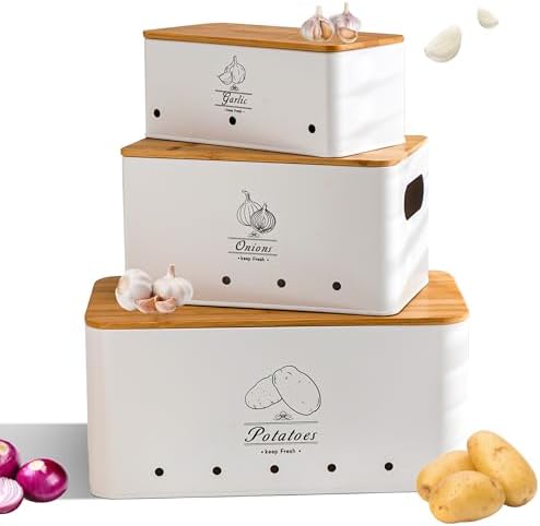 Metal Potato Onion Garlic Storage Tin Set of 3, White