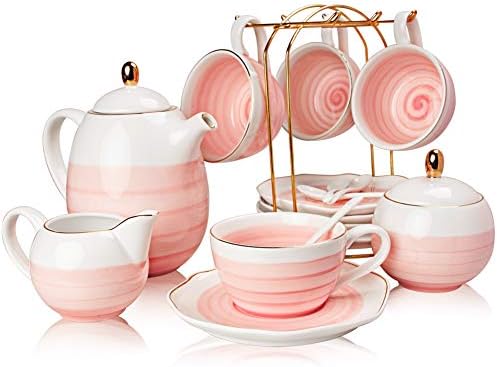 Sweejar Porcelain Tea Sets, 8 OZ Cups & Saucer Service for 4, Teapot