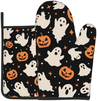 Halloween Pumpkin Ghost Oven Mitt and Pot Holder Set, 2 Pack