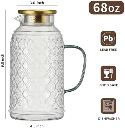 Buaic Glass Pitcher with Lid, 2 PACK 68 oz/2 Liter Vintage Water