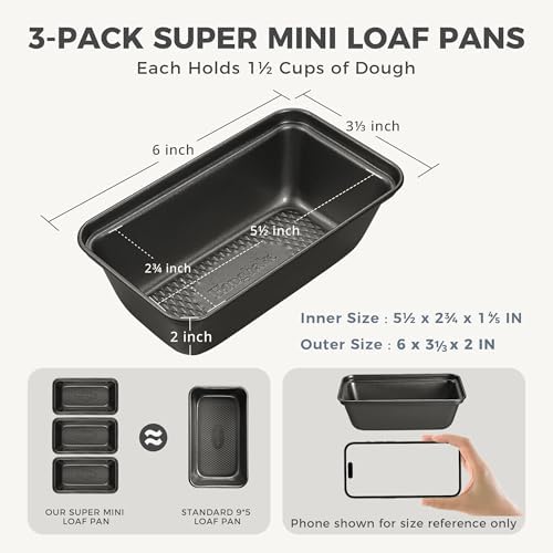 HONGBAKE 3 Pack Nonstick Mini Loaf Pans, 6 x 3.3 x 2 Inch Small Bread