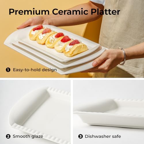 LIFVER Extra Large Serving Platters, 16"/14"/12" Ceramic Rectangle