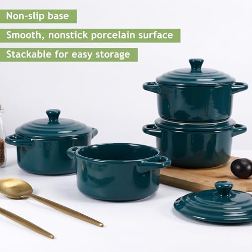 4 Pack Mini Cocotte Set, 16 oz Small Durable Soup Pot, Dark Green