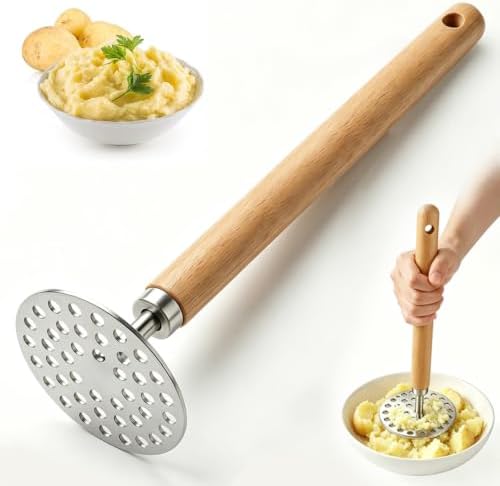 Potato Masher, 9in Wood Handle Stainless Steel Grid Masher Tool