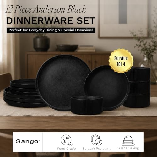 Sango 12 Pieces Stoneware Fluted Dinnerware Set, Modern Black Dishes