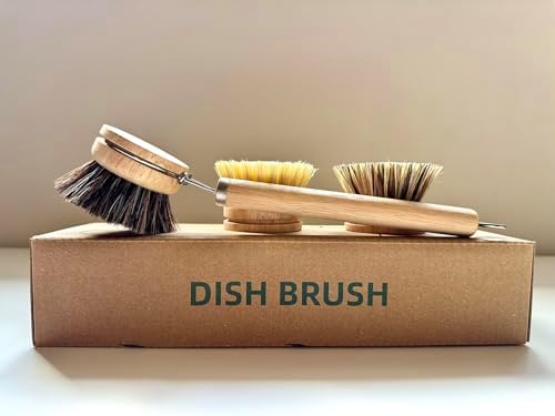 Bamboo Dish Brush with Handle, 3 Natural Bristle Heads