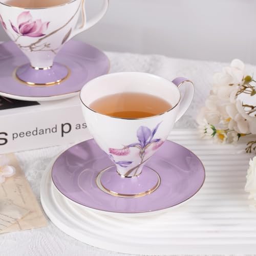 KAMMAK Ceramic Coffee Cups Saucers Set of 2, Porcelain Espresso Cups