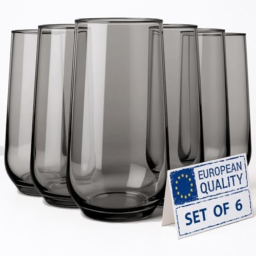 Grey Drinking Glasses Set of 6 | Translucent Black Glassware | 16 oz