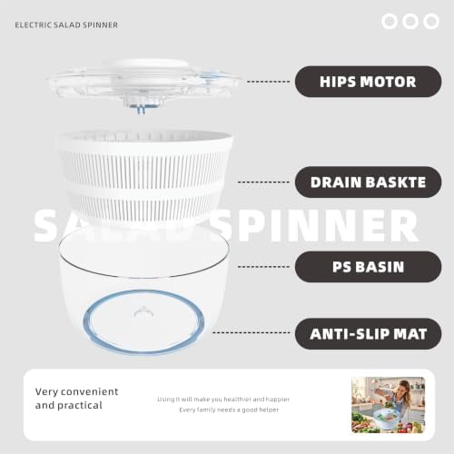 Electric Salad Spinner 4 QT, Lettuce Spinner, USB-C, Dry Greens in Seconds