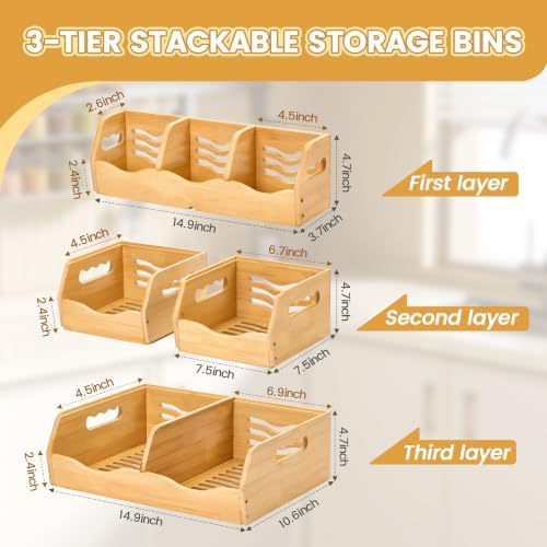 Bamboo Potato Onion Storage Bins, 3 Tier Stackable Produce Basket