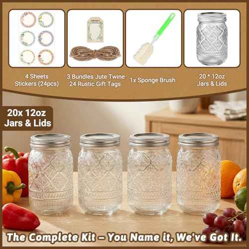 STARSIDE 12oz Glass Mason Jars, 20-Pack with Lids