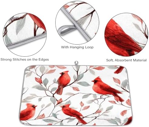 Dish Drying Mats for Kitchen Counter Christmas Red Cardinals Birds On