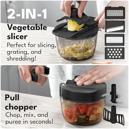 LEBENLANG Manual Food Processor & Onion Chopper - 26 OZ incl. Useful Acessory I BPA-Free I Manual Food Chopper with pull string for garlic & veggie chop I Food mincer vegetable cutter hand pull held