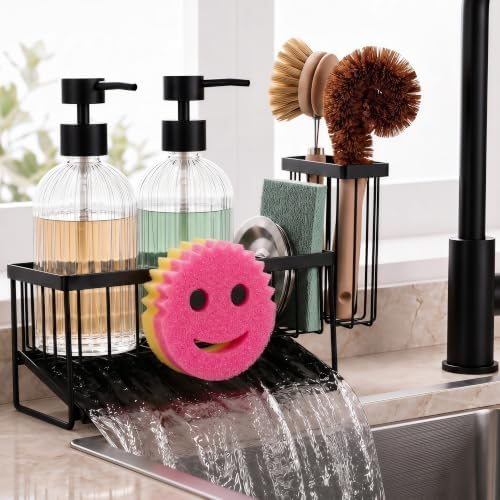 Kitchen Soap Dispenser Set with Sponge Holder, Clear Glass