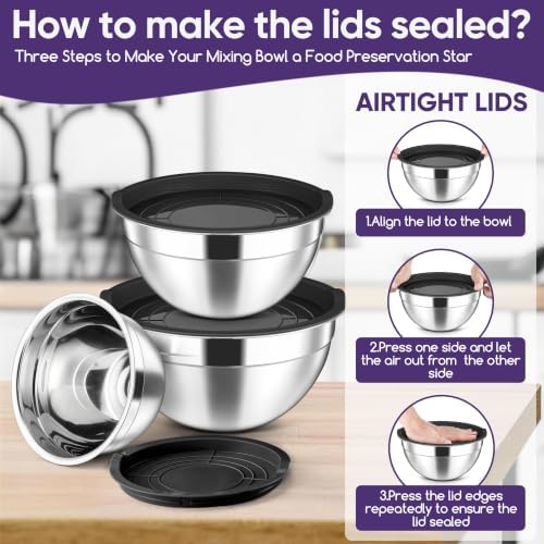 Herogo Stainless Steel Mixing Bowls with Lids Set of 3, 1.5/3/4.6Qt