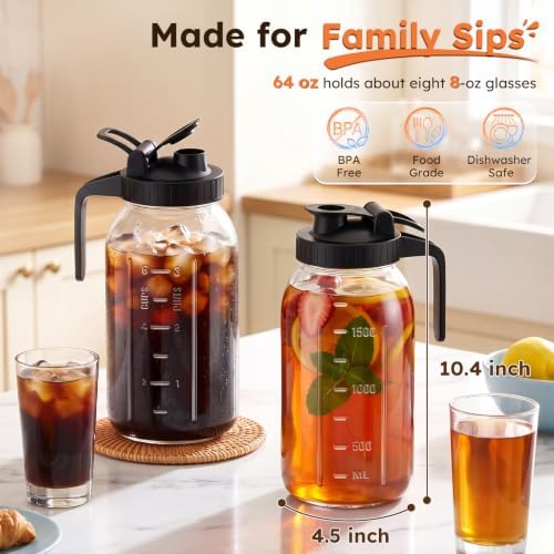 Mason Jar Pitcher Set of 2, 64oz (2quart) Glass Pitcher with Lid for