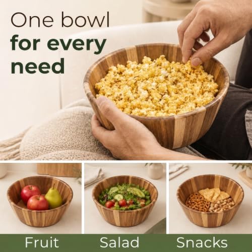 Acacia Wood Salad Bowl - Small Serving Wooden Bowl for Kitchen, 10"