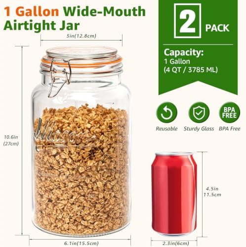 1 Gallon Glass Mason Jars with Airtight Lids, 2 Pack