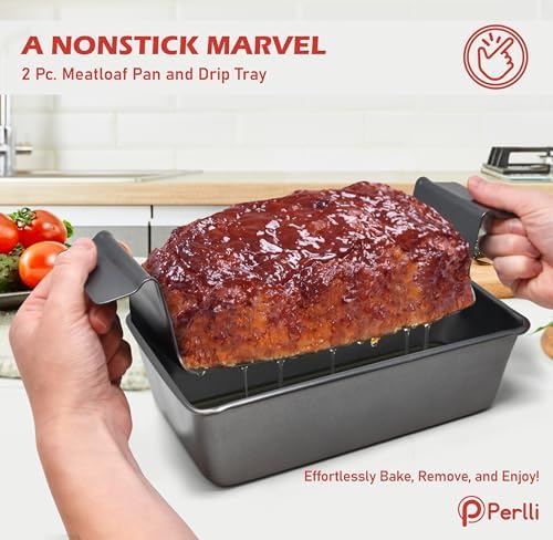 PERLLI Meat Loaf Pan with Drip Tray – 2 Pc. 9.8 x 5.7 In.