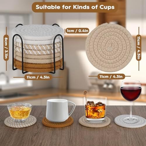 8 Pcs Drink Coasters with Holder, Boho Minimalist Cotton Woven