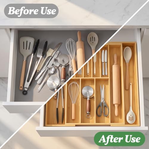 Bamboo Silverware Drawer Organizer, Expandable Utensil Tray, 17.3-30''
