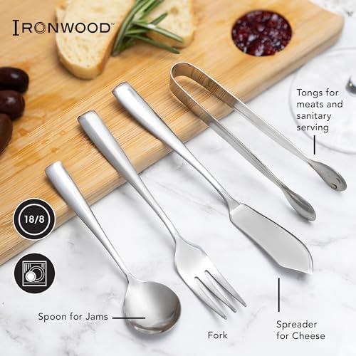 Ironwood Gourmet Stainless Steel Charcuterie Utensil Set of 8, Includes Forks, Knives/Spreaders, Spoons, Tongs