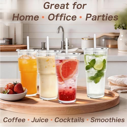 20oz Glass Tumblers with Lids and Straws, Set of 4 Iced Coffee Cups