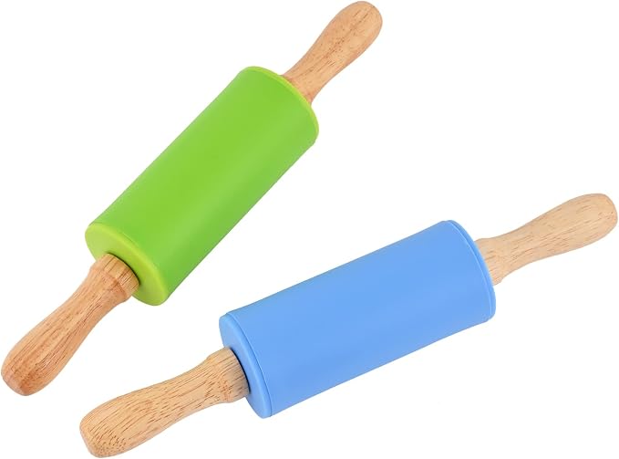 Mini Silicone Rolling Pin for Kids, Non-stick Surface Wood Handle, 9 Inch 2 Pack by Honglida