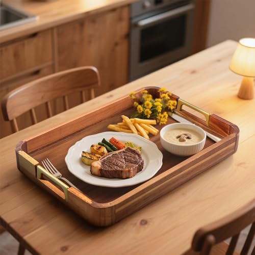 Acacia Wood Serving Tray with Metal Handles, 17x12in Food Drinks Tray